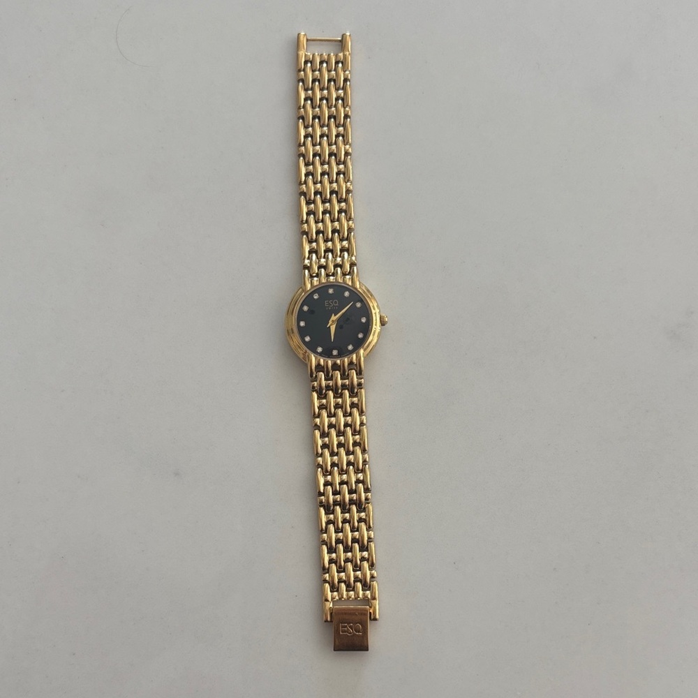 Swiss ESQ Ladies Gold-Tone Diamond Bracelet Black Dial Quartz Watch 100203